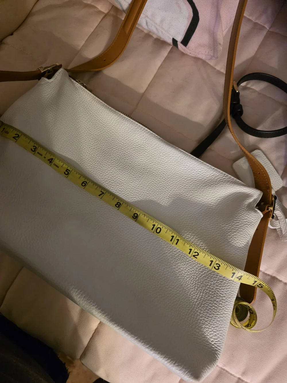 VALENTINA White Leather Shoulder Bag with Tan Strap